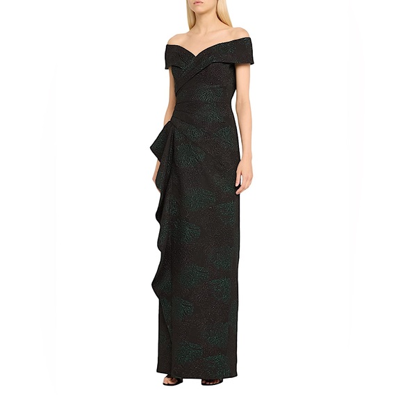 NWT Rickie Freeman Teri Jon black green pewter jacquard off shoulder formal gown - Picture 6 of 12